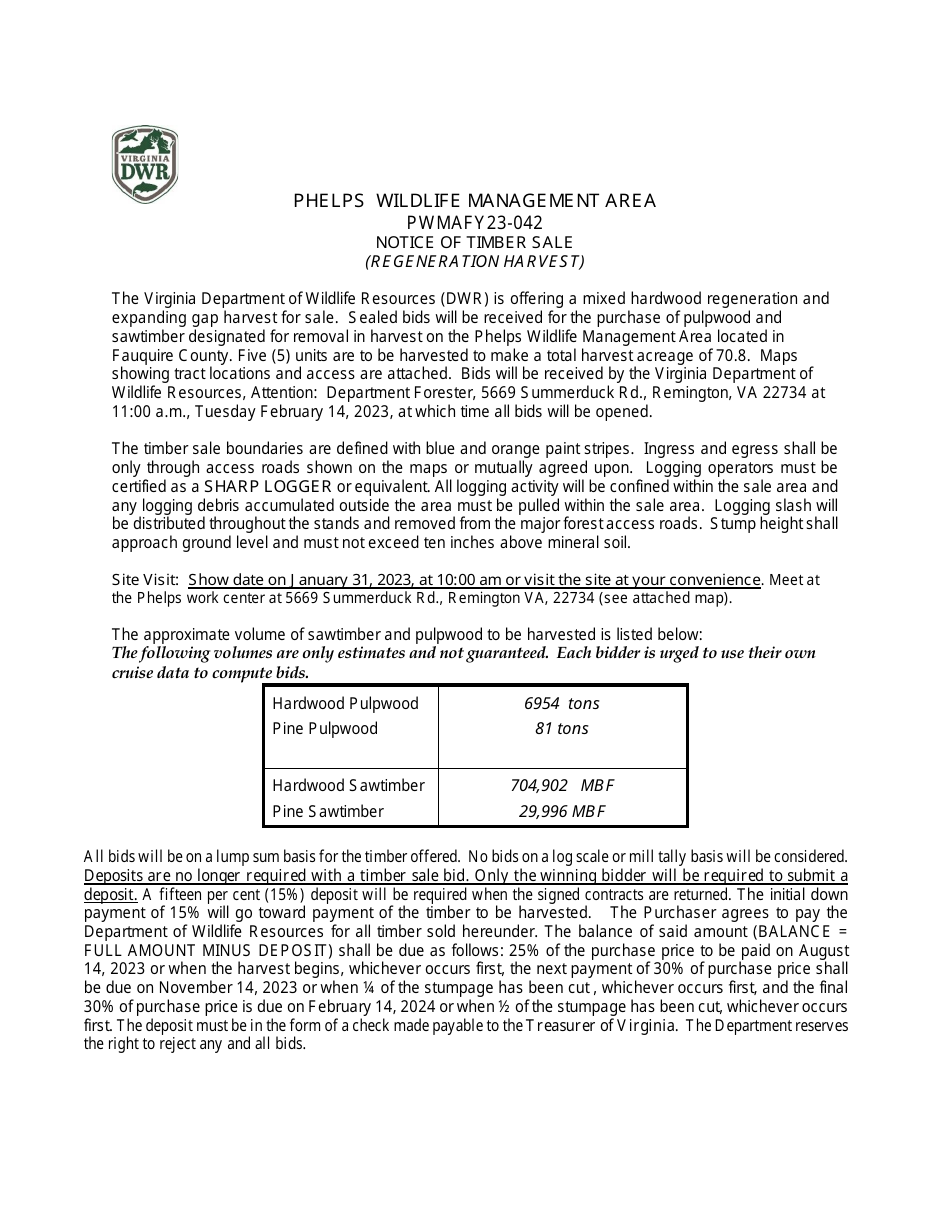 Notice of Timber Sale (Regeneration Harvest) - Phelps Wildlife Management Area - Virginia, Page 1