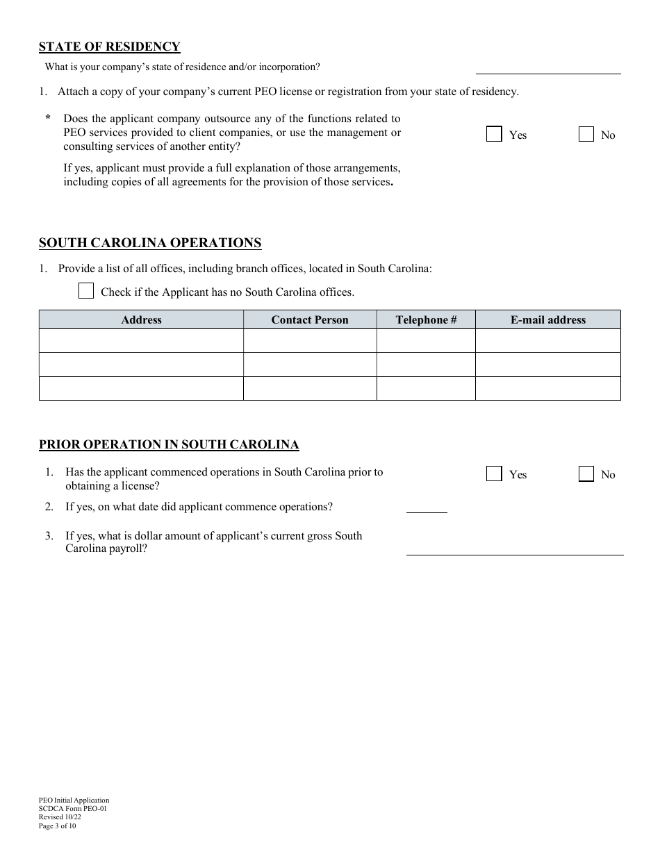 SCDCA Form PEO-01 Professional Employer Organization Initial License Application - South Carolina, Page 3
