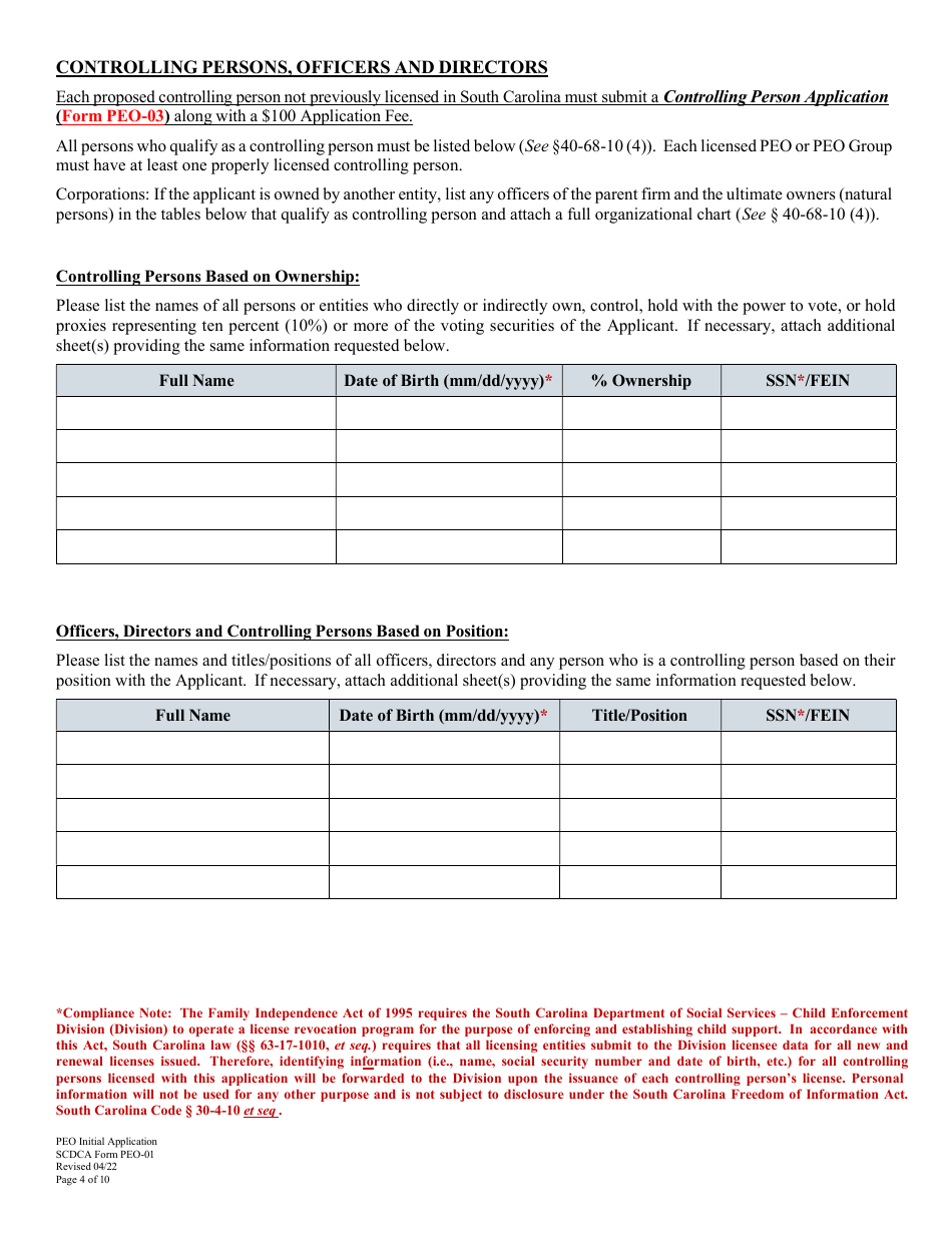 SCDCA Form PEO-01 Professional Employer Organization Initial License Application - South Carolina, Page 4