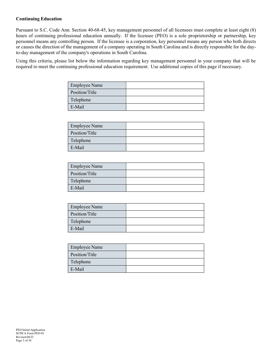 SCDCA Form PEO-01 Professional Employer Organization Initial License Application - South Carolina, Page 5