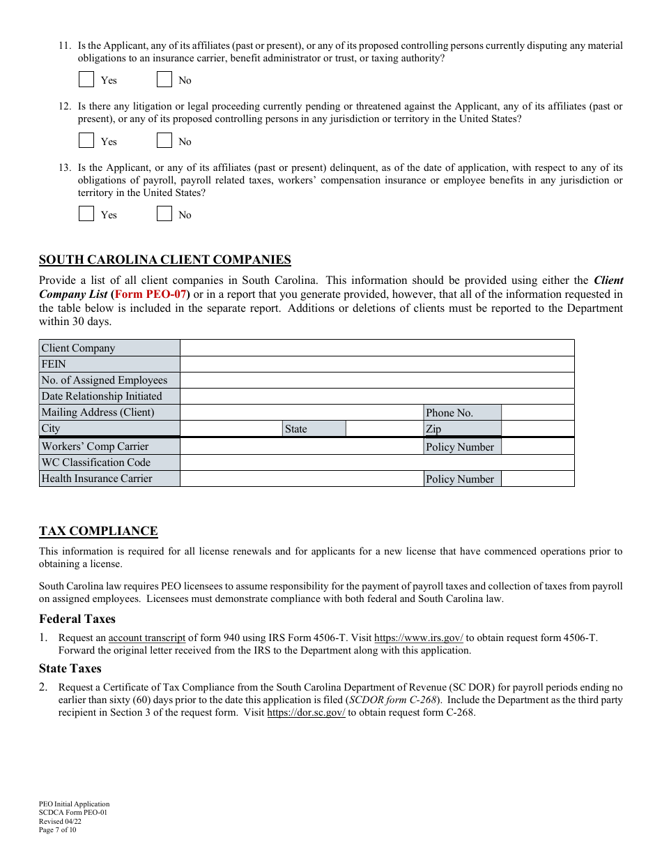 SCDCA Form PEO-01 Professional Employer Organization Initial License Application - South Carolina, Page 7