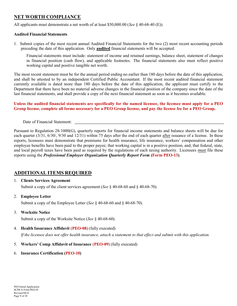 SCDCA Form PEO-01 Professional Employer Organization Initial License Application - South Carolina, Page 9
