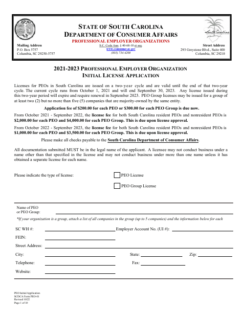 SCDCA Form PEO-01 Professional Employer Organization Initial License Application - South Carolina, 2023