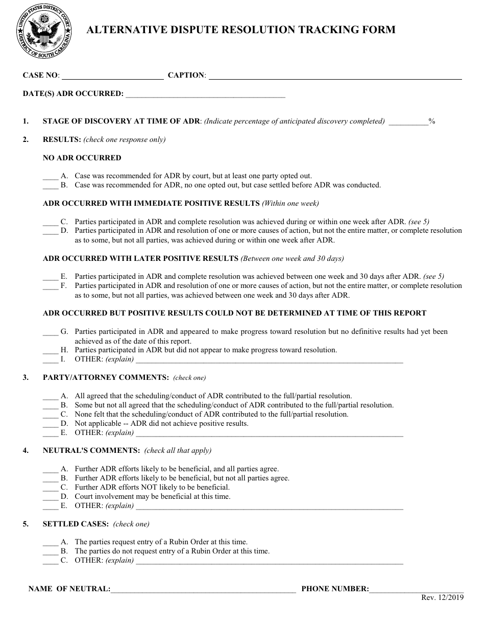 Alternative Dispute Resolution Tracking Form, Page 1