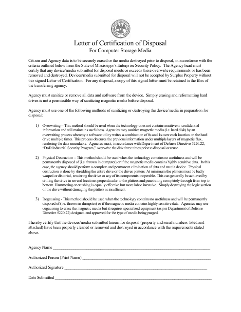 Letter of Certification of Disposal for Computer Storage Media - Mississippi Download Pdf