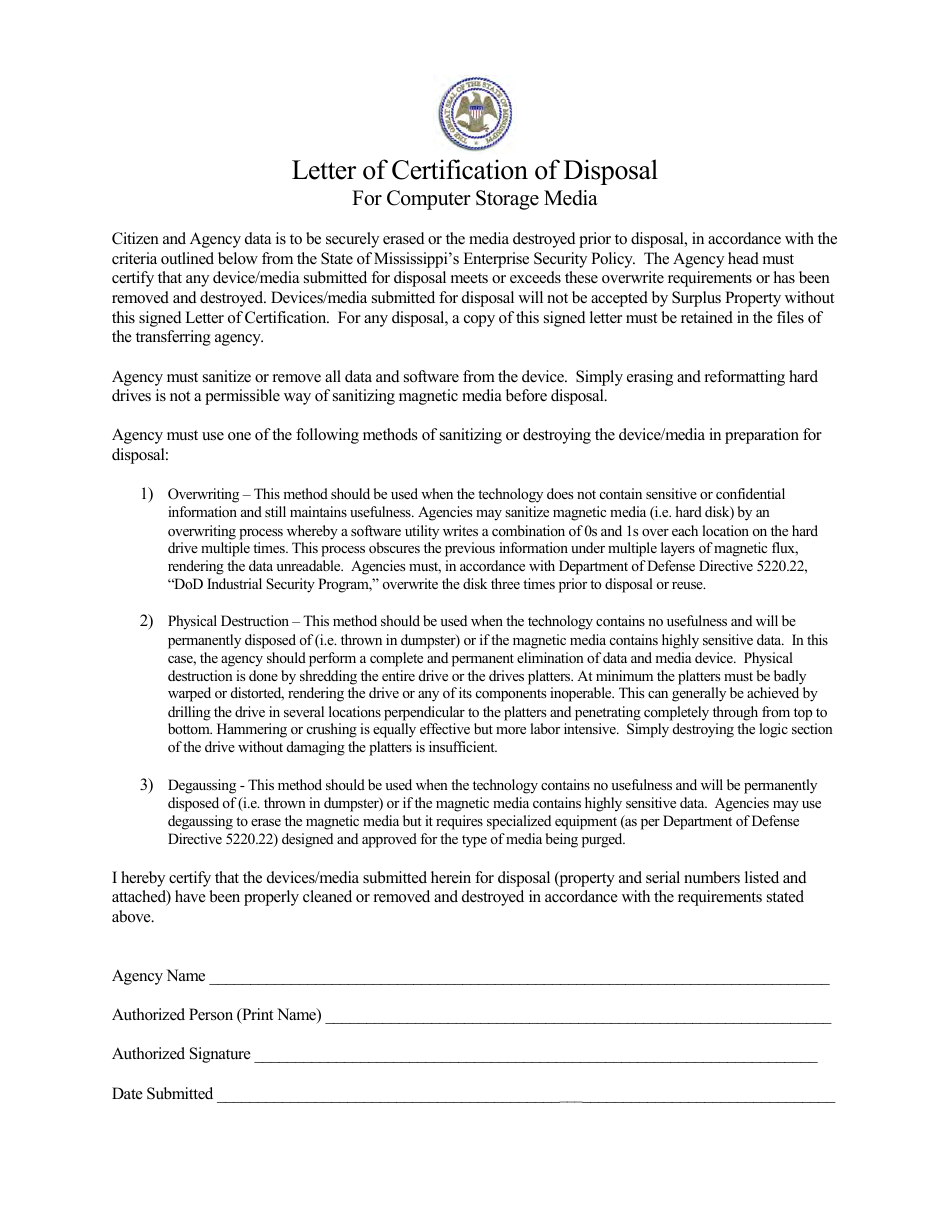 Letter of Certification of Disposal for Computer Storage Media - Mississippi, Page 1