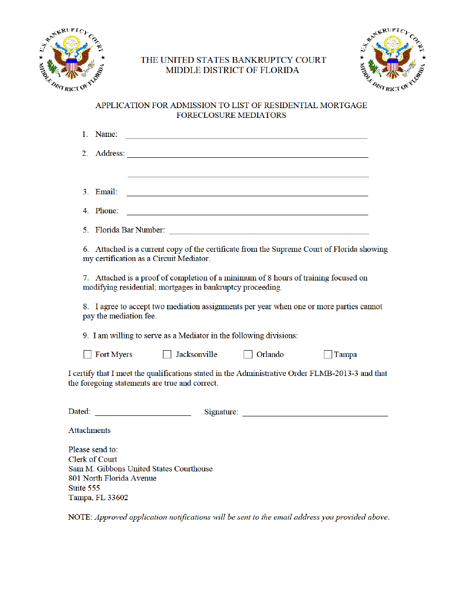 Application for Admission to List of Residential Mortgage Foreclosure Mediators - Florida, Page 1