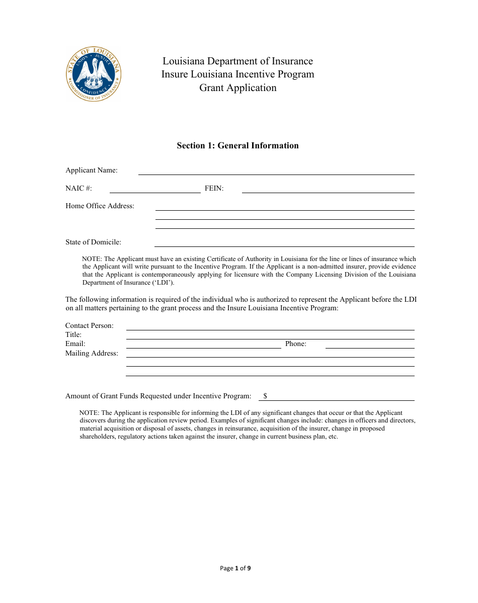 Grant Application - Insure Louisiana Incentive Program - Louisiana, Page 1