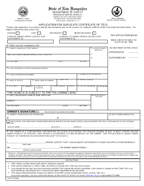 Form TDMV18 Application for Duplicate Certificate of Title - New Hampshire