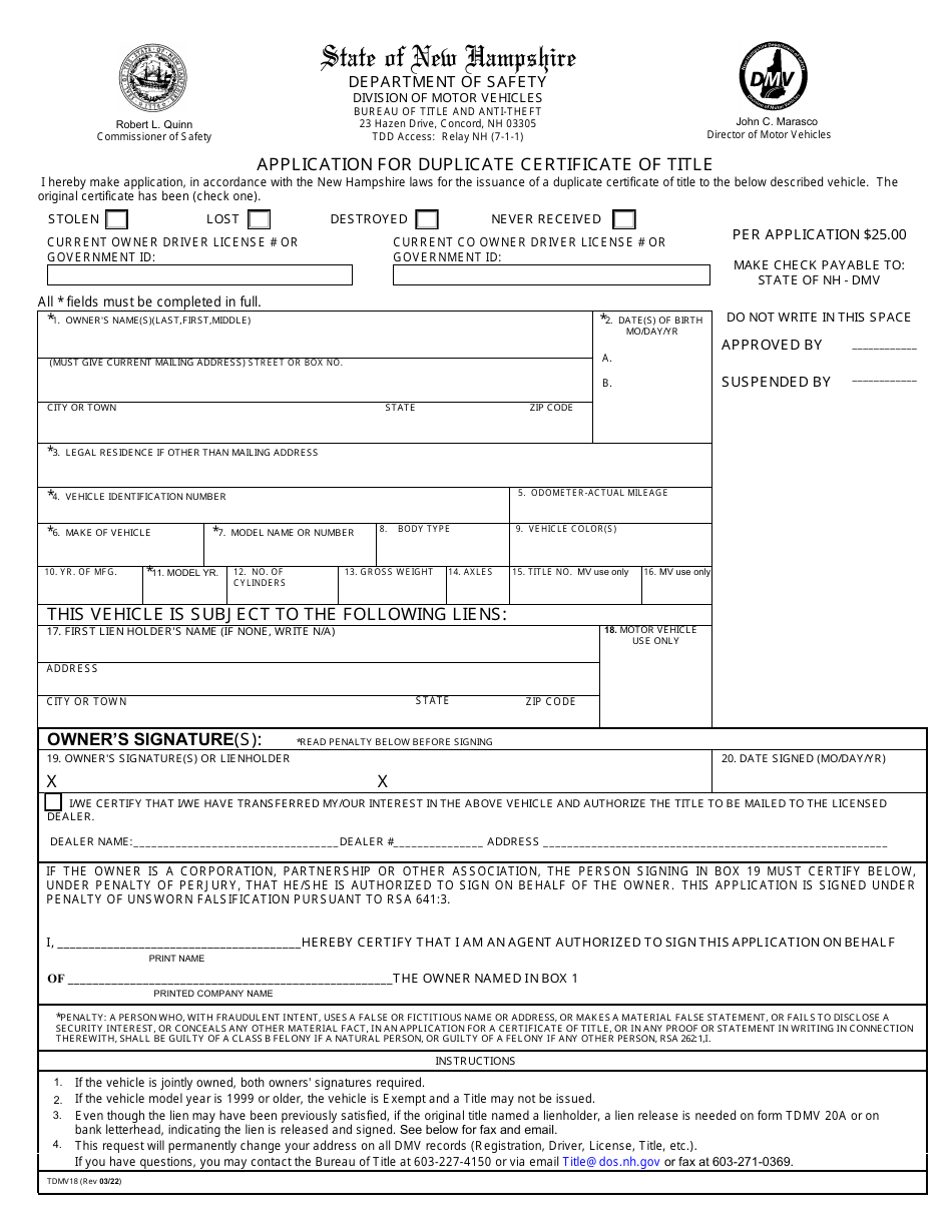 Form TDMV18 Application for Duplicate Certificate of Title - New Hampshire, Page 1