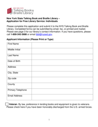 Document preview: New York State Talking Book and Braille Library - Application for Free Library Service: Individuals - New York