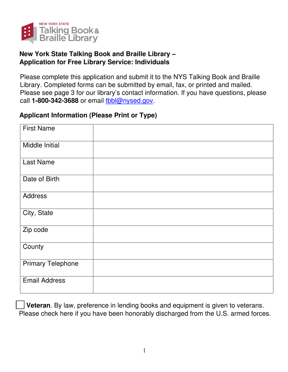 New York New York State Talking Book and Braille Library Application