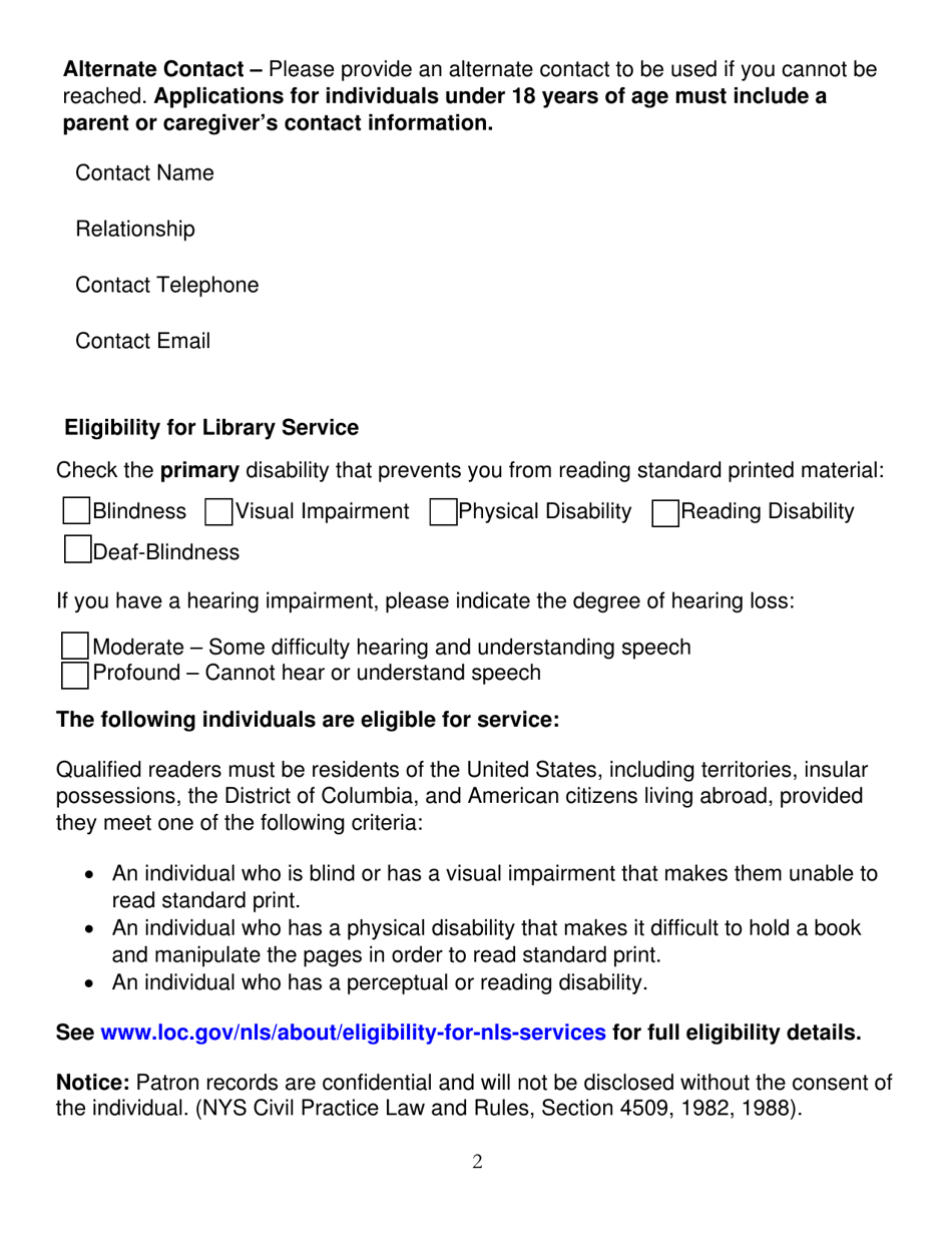 New York State Talking Book and Braille Library - Application for Free Library Service: Individuals - New York, Page 2