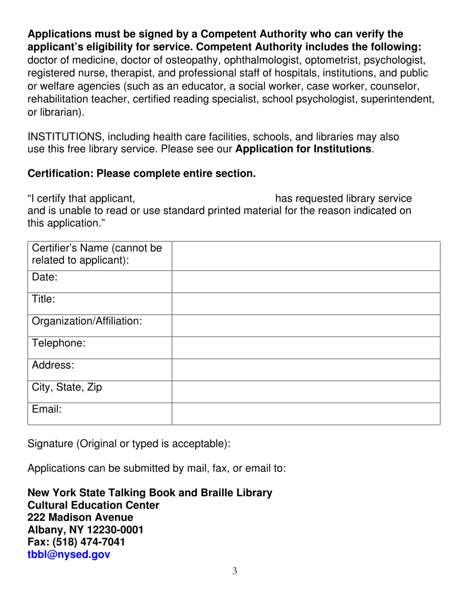 New York State Talking Book and Braille Library - Application for Free Library Service: Individuals - New York, Page 3