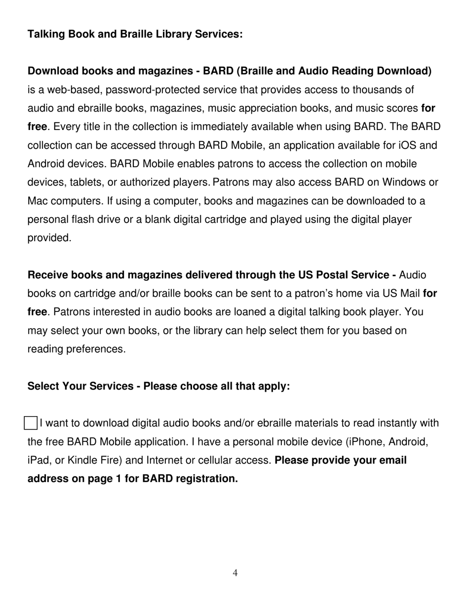 New York State Talking Book and Braille Library - Application for Free Library Service: Individuals - New York, Page 4