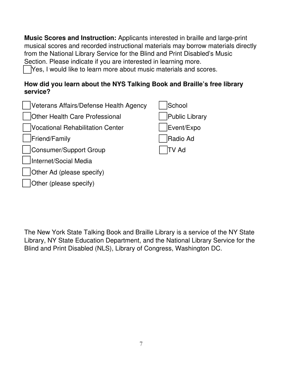 New York State Talking Book and Braille Library - Application for Free Library Service: Individuals - New York, Page 7