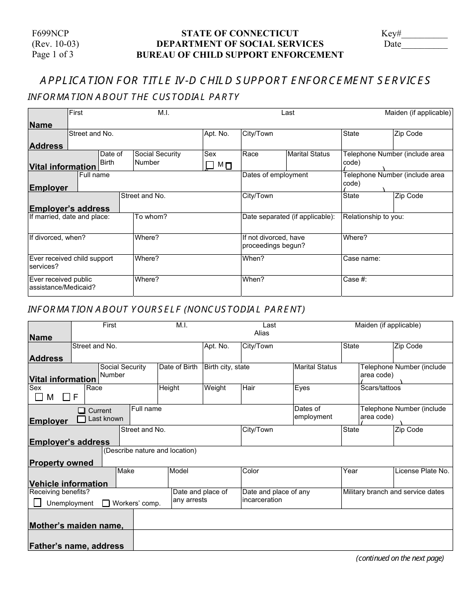 Form F699NCP Application for Title IV-D Child Support Enforcement Services - Connecticut, Page 1