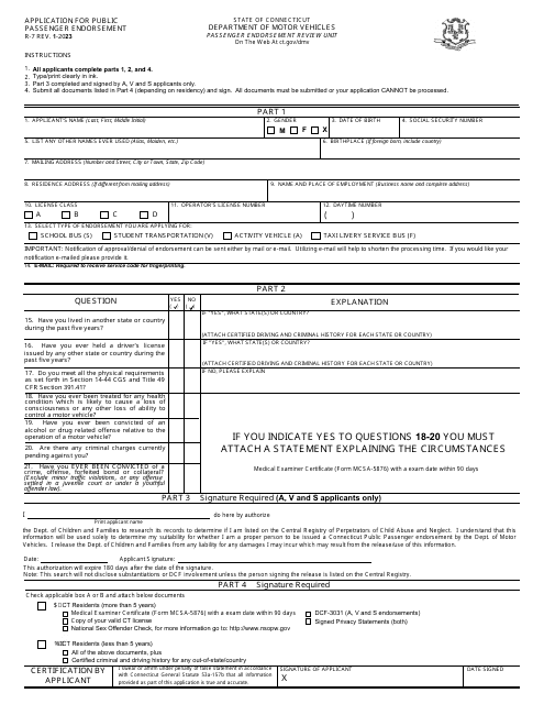 Form R-7 Application for Public Passenger Endorsement - Connecticut