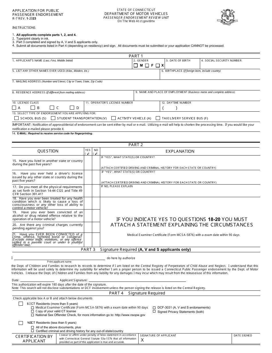 Form R-7 Application for Public Passenger Endorsement - Connecticut, Page 1