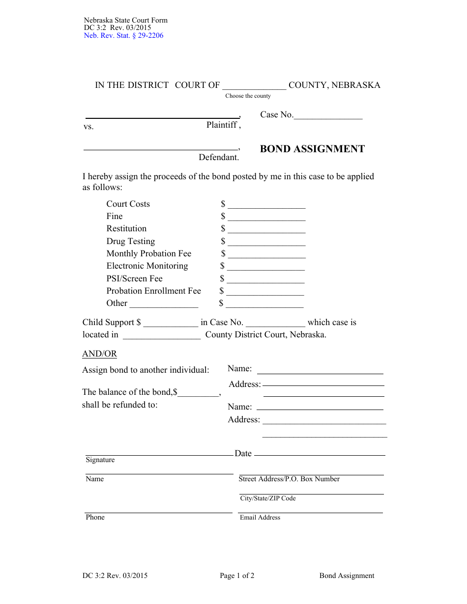 Form DC3:2 Bond Assignment - Nebraska, Page 1