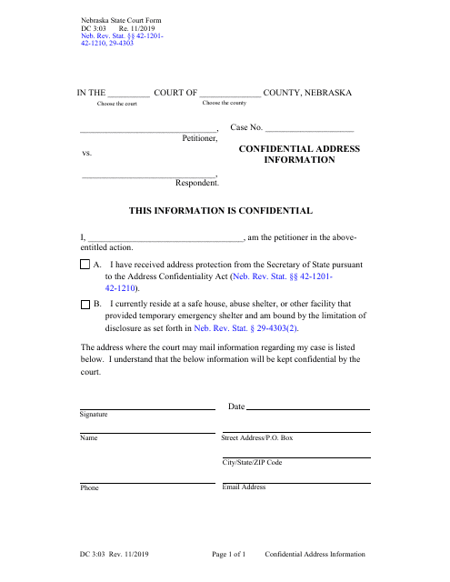 Form DC3:03 Confidential Address Information - Nebraska