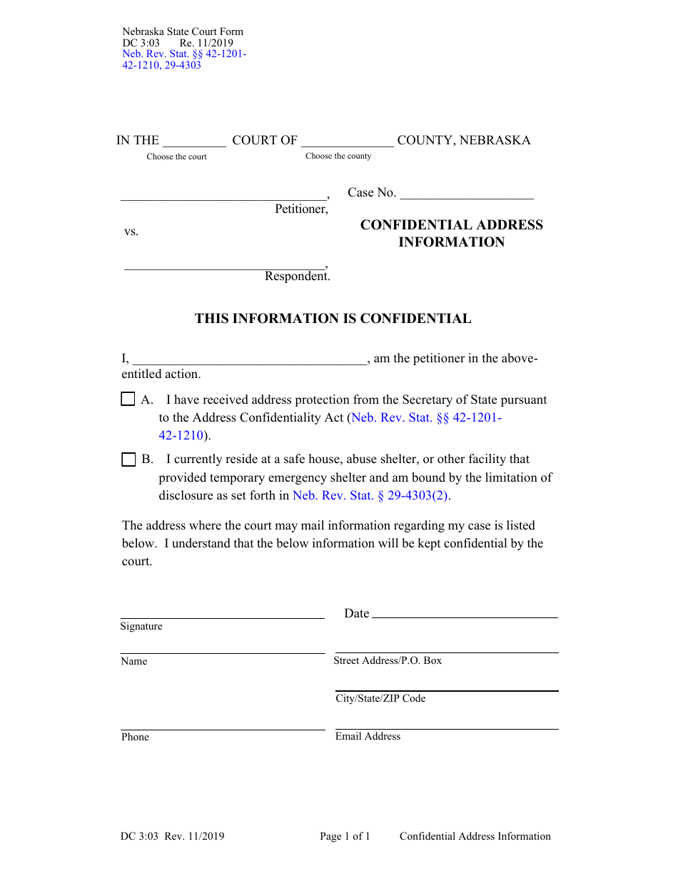 Form DC3:03 Confidential Address Information - Nebraska, Page 1