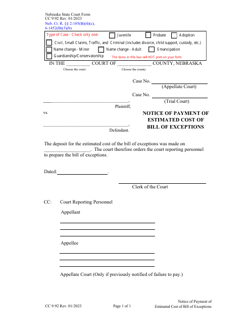 Form CC9:92 Notice of Payment of Estimated Cost of Bill of Exceptions - Nebraska