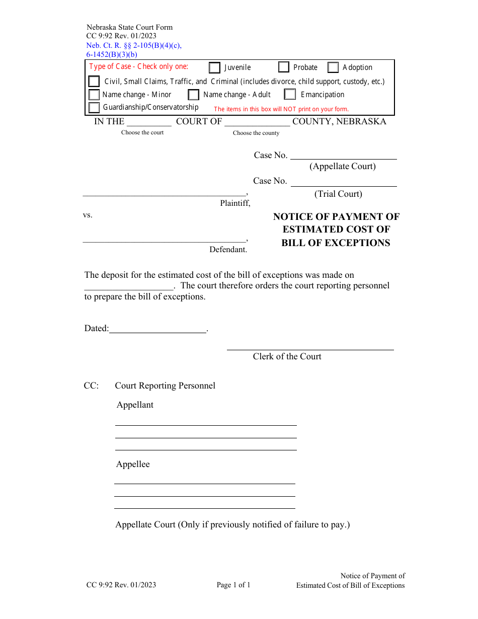 Form CC9:92 Notice of Payment of Estimated Cost of Bill of Exceptions - Nebraska, Page 1