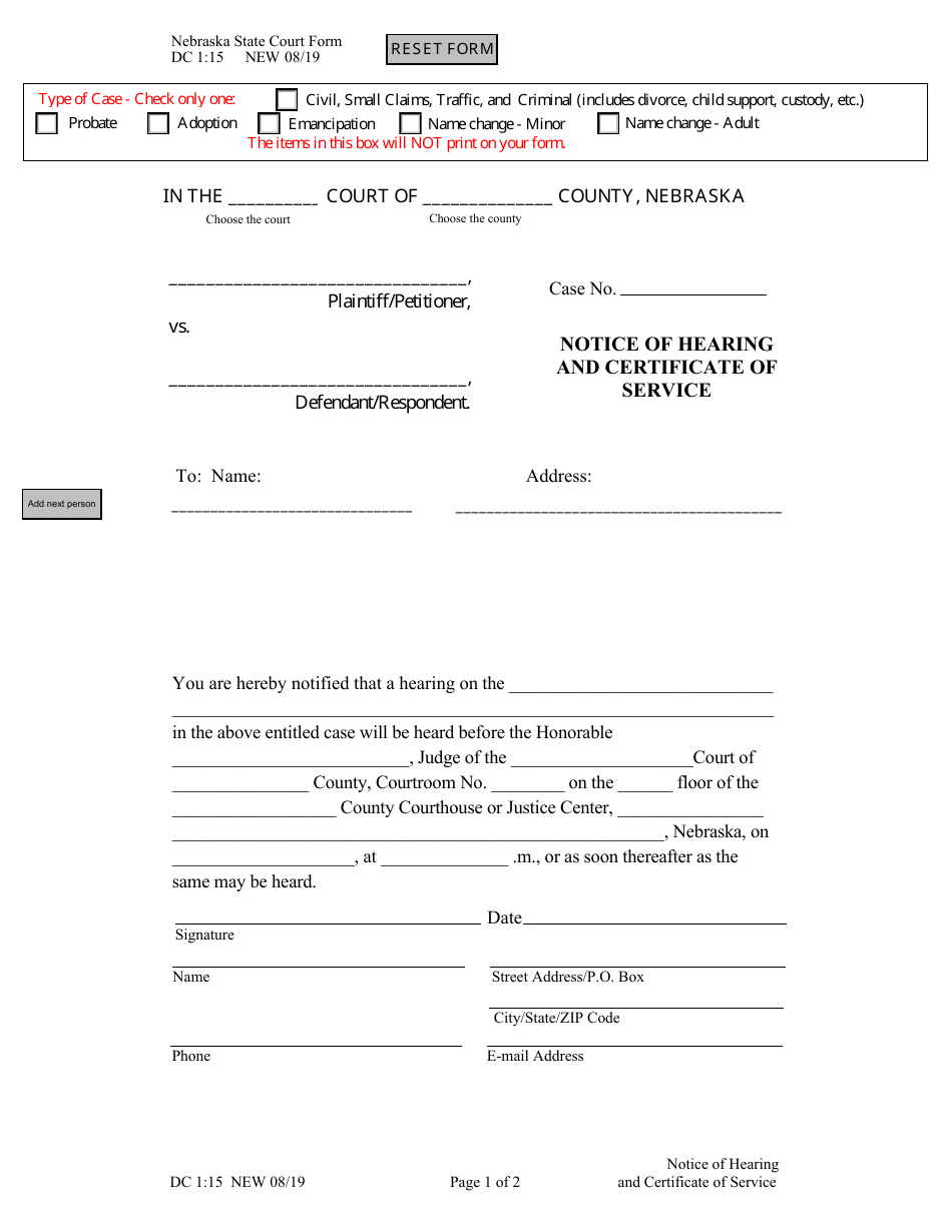 Form DC1:15 Notice of Hearing and Certificate of Service - Nebraska, Page 1