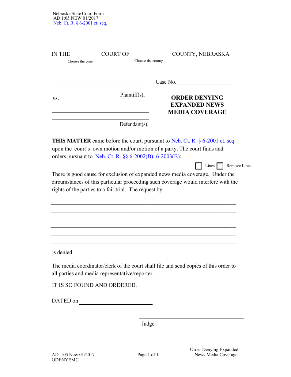 Form AD1:05 Order Denying Expanded News Media Coverage - Nebraska, Page 1