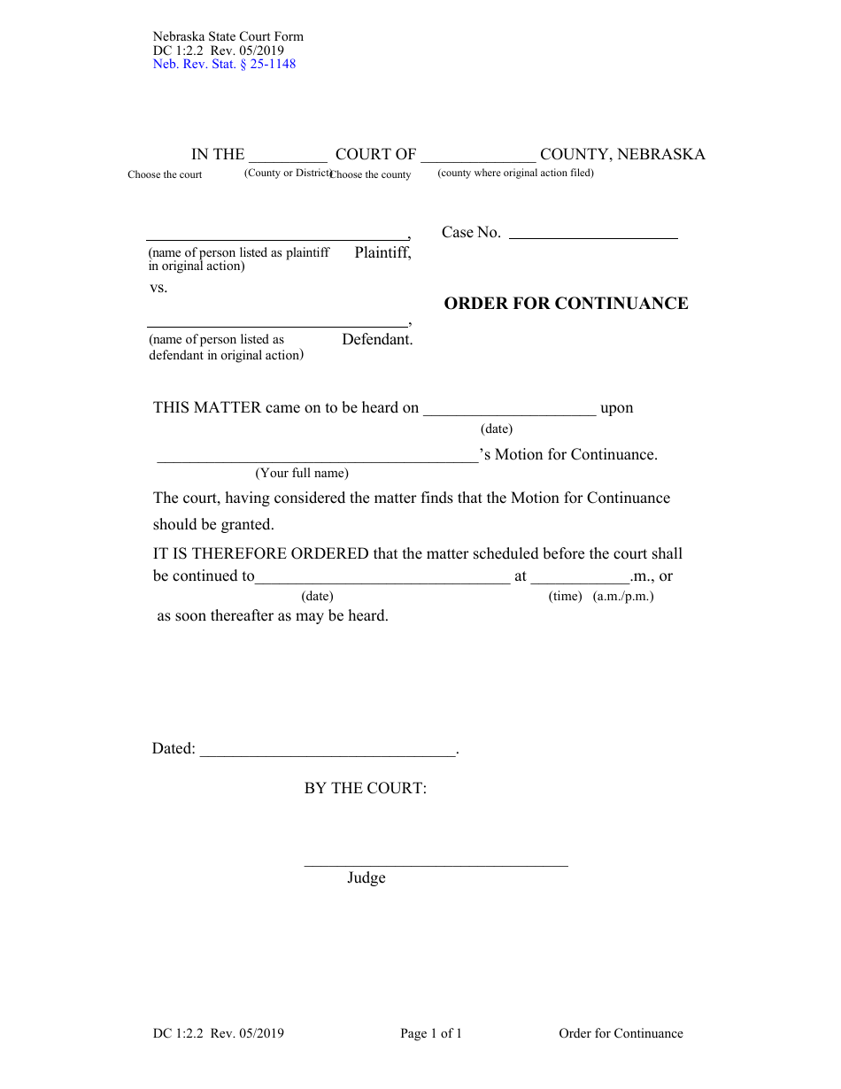 Form DC1:2.2 Order for Continuance - Nebraska, Page 1