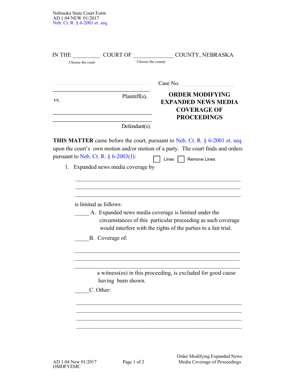 Form AD1:04 Order Modifying Expanded News Media Coverage of Proceedings - Nebraska, Page 1