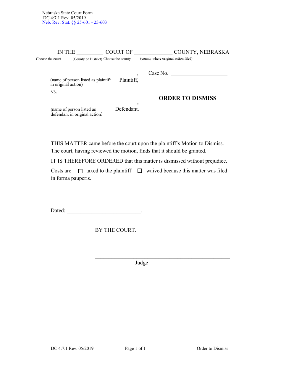 Form DC4:7.1 Order to Dismiss - Nebraska, Page 1