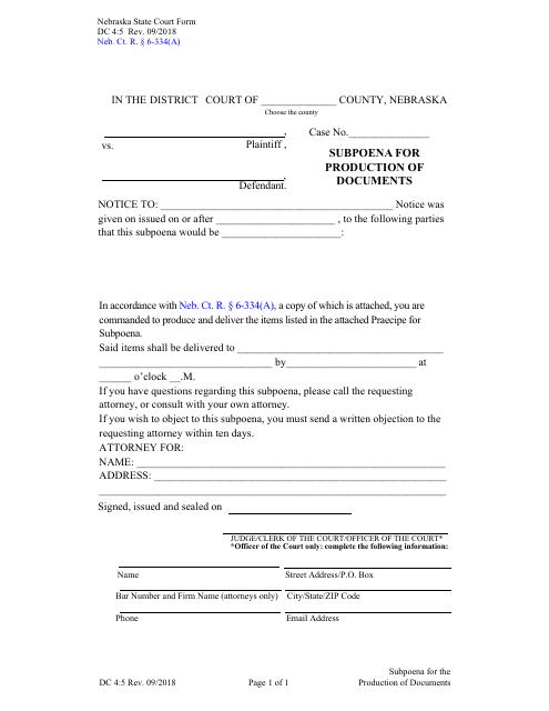 Form DC4:5 Subpoena for Production of Documents - Nebraska