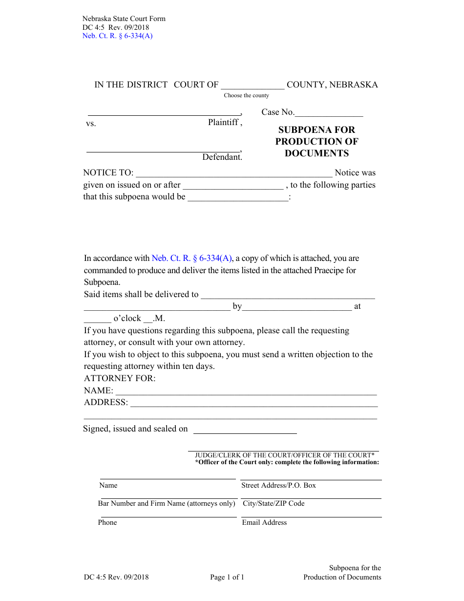 Form DC4:5 Subpoena for Production of Documents - Nebraska, Page 1