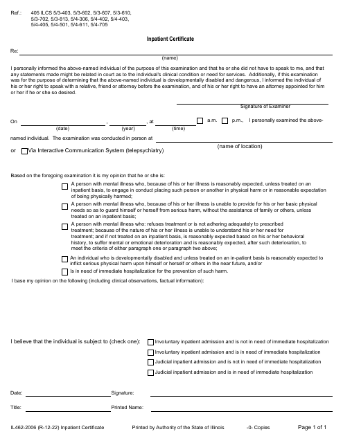 Form IL462-2006 Inpatient Certificate - Illinois