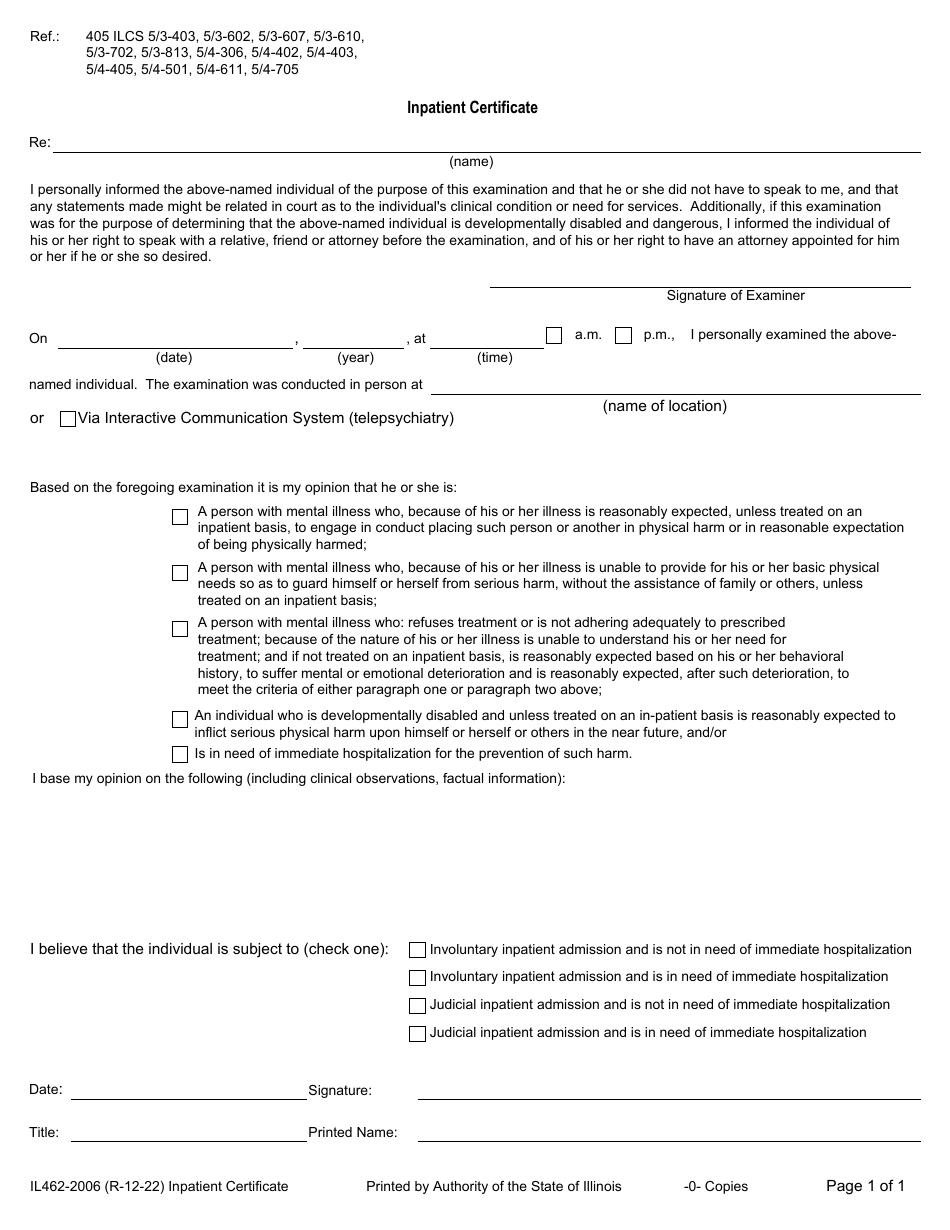 Form IL462-2006 Inpatient Certificate - Illinois, Page 1