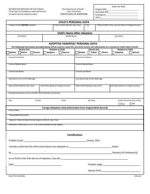 Form HEA2757 Certificate of Adoption - Ohio