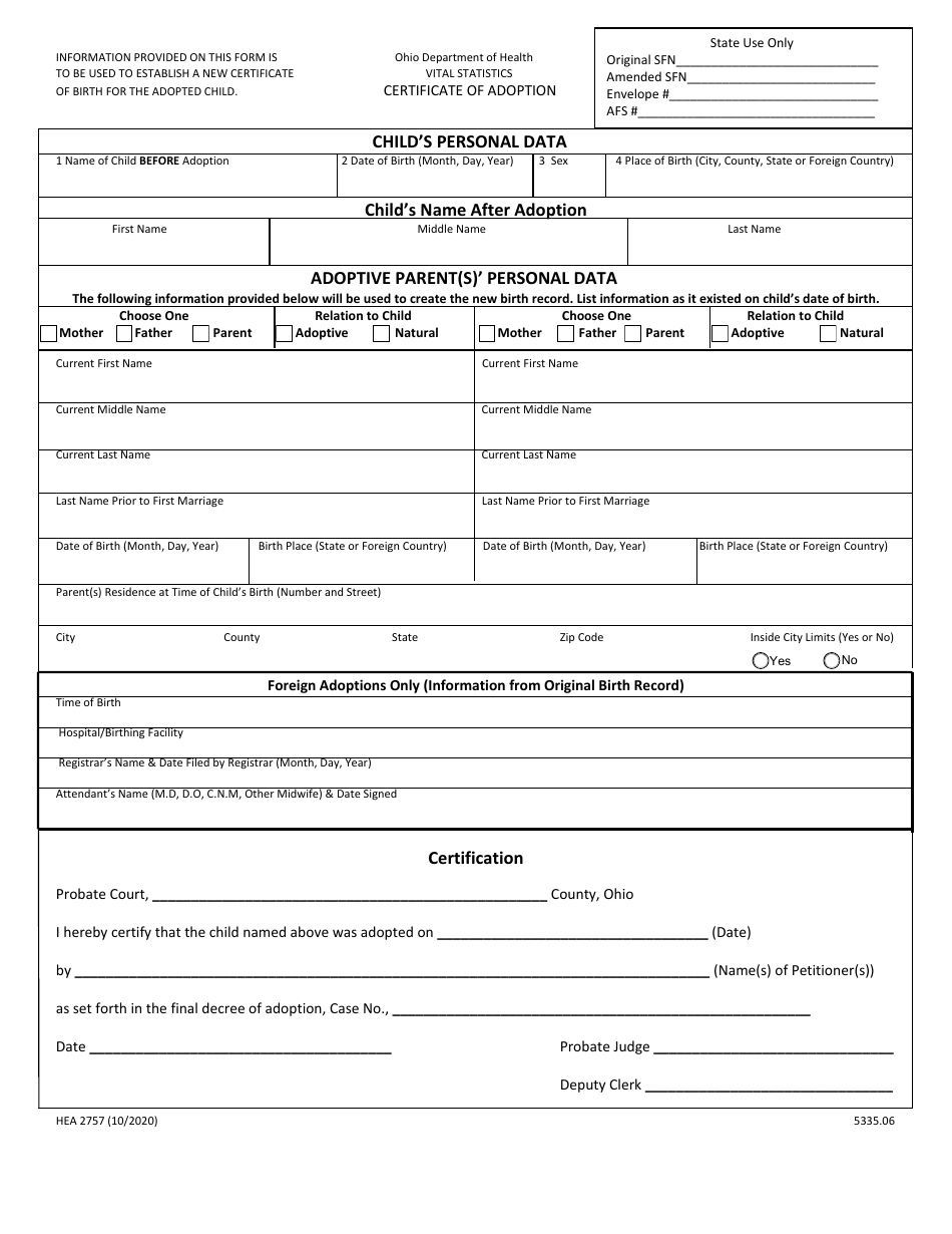 Form HEA2757 Certificate of Adoption - Ohio, Page 1