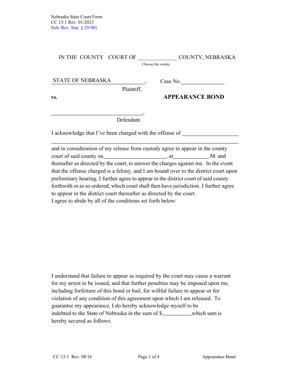 Form CC13:1 Appearance Bond - Nebraska, Page 1