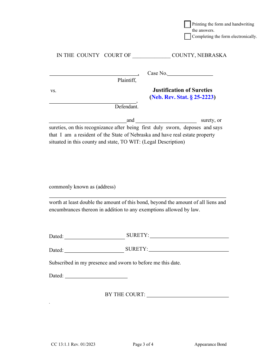 Form CC13:1.1 Appearance Bond With Preset Conditions - Nebraska, Page 3