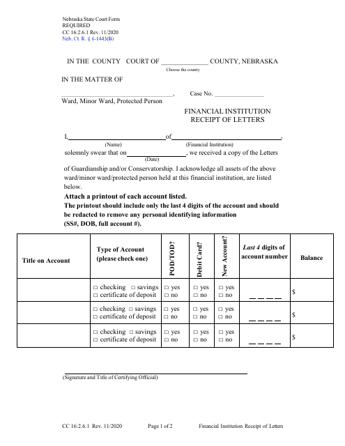 Form CC16:2.6.1 Financial Institution Receipt of Letters - Nebraska