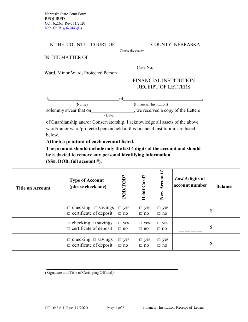 Form CC16:2.6.1 Financial Institution Receipt of Letters - Nebraska, Page 1