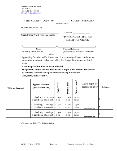 Form CC16:2.6 Financial Institution Receipt of Order - Nebraska