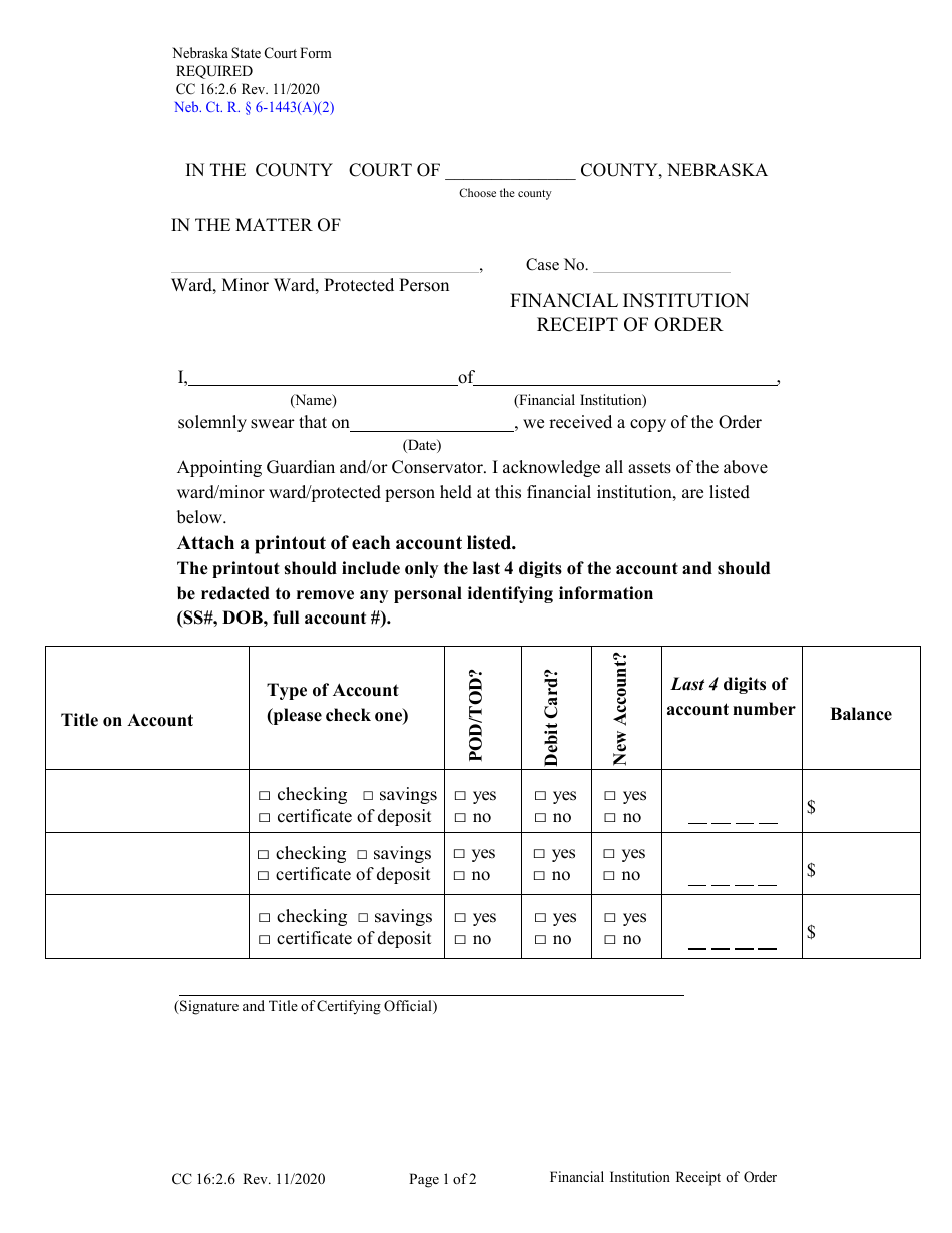 Form CC16:2.6 Financial Institution Receipt of Order - Nebraska, Page 1