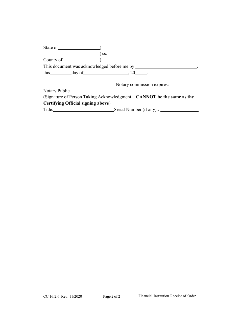Form CC16:2.6 Financial Institution Receipt of Order - Nebraska, Page 2