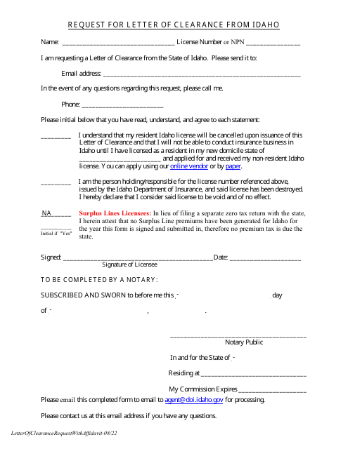 Request for Letter of Clearance From Idaho - Idaho Download Pdf
