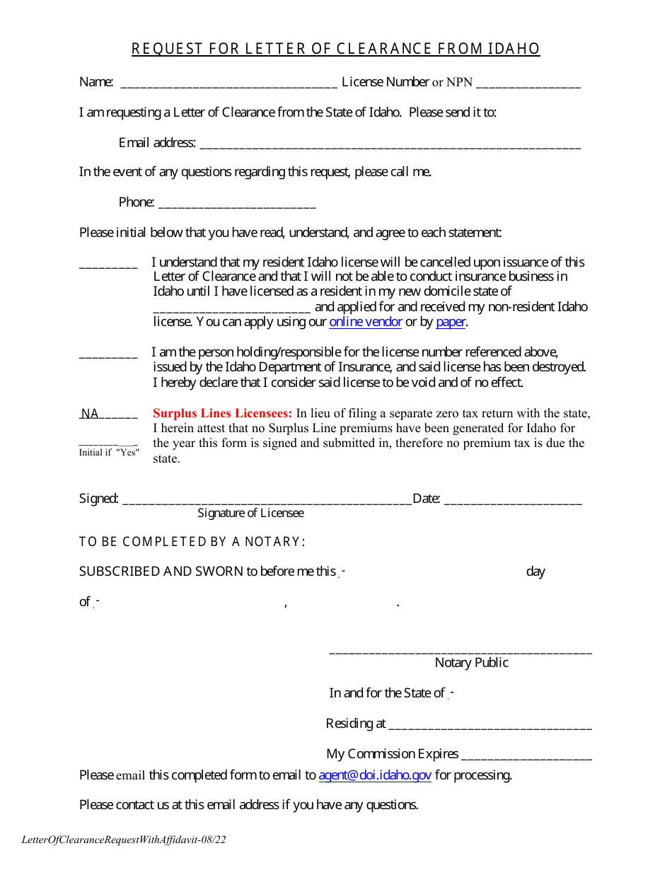 Idaho Request for Letter of Clearance From Idaho Download Fillable PDF ...