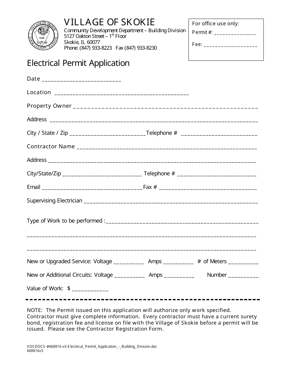 Village of Skokie, Illinois Electrical Permit Application Fill Out, Sign Online and Download