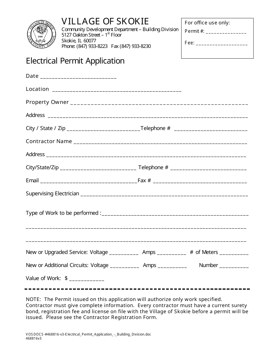 Electrical Permit Application - Village of Skokie, Illinois, Page 1